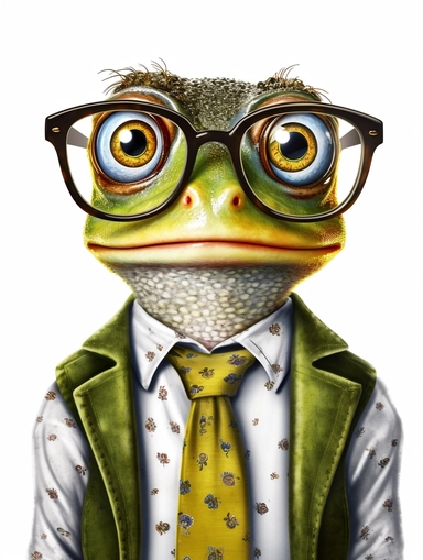 a portrait of a Frog wearing a white shirt and glasses, looking tired and done with life, vector illustration, clipart, outlines, portrait,