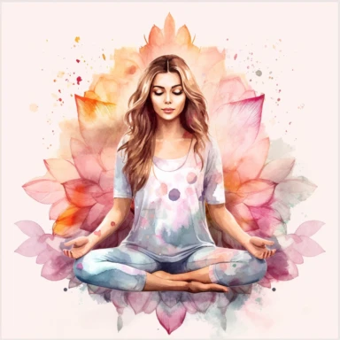 Young woman in yoga lotus pose with eyes open. pale watercolor mandala background, isolated clipart, gradient watercolor-- seed 3031338457