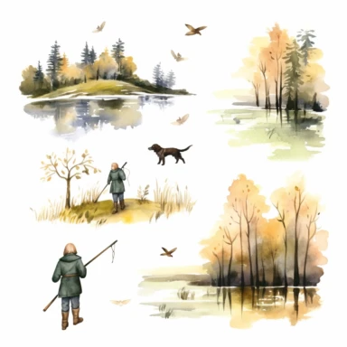 watercolor hunting scene in forest or fields with lake in vicinity on white background with setter and pointer dogs in pointing stand , illustrations clipart set, simple, , cartoon elements ,different variants , natural elements, separate elements with a margin, ,4k, high resolution, , natural colors, vibrant green tones, birds,