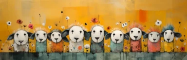 a row of cute miniature lambs, a collage of mixed media art made with tissue paper, magazine and newspaper clippings, oil paint, graphite pencil lines and fabric, in the style of playful surrealism, whimsical, washi tape