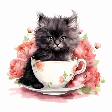 persian fluffy long haired black kitten in steel base flower painted beautiful tea cup, watercolor clipart