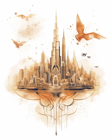 watercolor promotional print for the city of Dubai depicting the essence of the United Arab Emirates soul, dreamlike, clear individual recognizable elements, inspired by line art in brown color, clipart, on white background