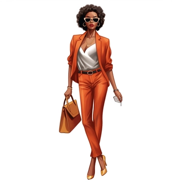 realistic illustration of Fashion-forward African American woman: Illustrate a clipart of a stylish African American woman wearing fashionable clothing and accessories. Showcase her confidence and individuality through her outfit and pose. clipart, isolated on white background, 4K