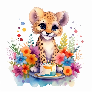 cute cartoon cheetah, celebrating birthday party, rainbow colours, flowers, watercolor clipart, pure white background