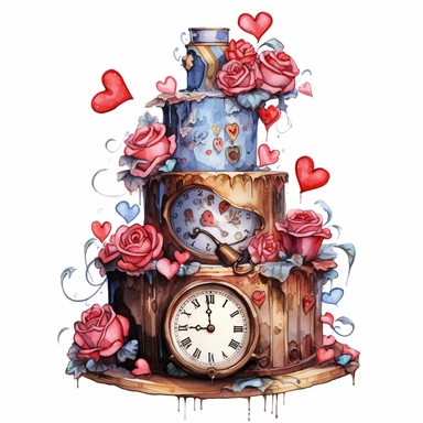 An alice in wonderland tier cake, with layers lopsided in different colors, watercolor steampunk style, with clocks, red hearts and red roses, white background, clipart