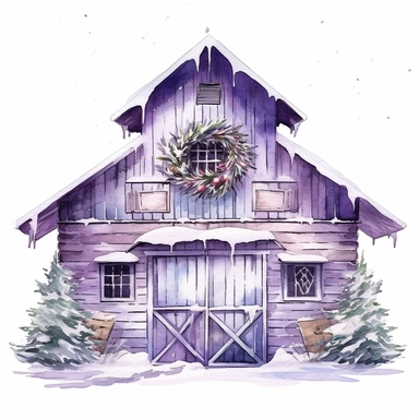 vector watercolor close up purple and silver winter christmas barn decorated in Christmas style decor in winter clipart on white background, close up view, winter christmas barn, purple and silver Christmas color scheme, photorealistic, ultrarealistic, no background, on white
