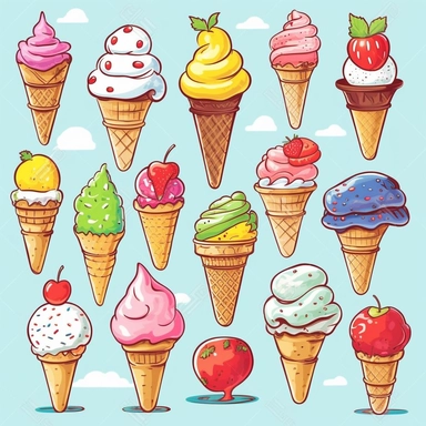 Craft a collection of eye-catching clipart images showcasing delicious ice cream delights in a playful and colorful style. Use a mix of bold and vibrant colors to bring out the sweetness and joy associated with ice cream. Include detailed illustrations of cones, sundaes, and an inviting ice cream truck. The clipart should exude a lively atmosphere, drawing inspiration from retro and pop art aesthetics to create a sense of nostalgia and fun.