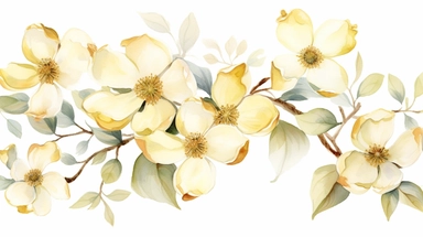 Watercolor clipart of delicate golden dogwood flowers, branches and leaves, on white background