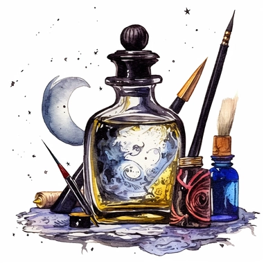 creepy glass ink bottle and quill pen with crescent moon and stars clipart, fantasy, detailed, white background, illustration painting, collaged constructions, digital art, watercolor, in the style of sculptural and geometric, forced perspective drawings, Geometric brushstrokes form an intriguingly abstract, painterly figure, Pablo Picasso, Wassily Kandinsky,
