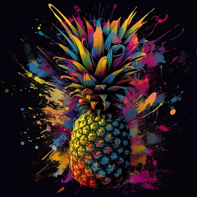 pineapple, clipart artwork print, a visually striking fusion of saturated colors like lime green, dazzling purple, and bold teal on a black canvas, chaotic elements blending seamlessly into an unexpectedly coherent design, showcasing the beauty of controlled chaos in wearable art