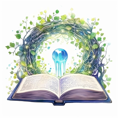 Solid white background, Detailed watercolor open ancient magic book that is encased in enchanted vines that form an alter for the open book to sit, greenblue northern lights glow from the book's pages, clipart. The visable pages of the book have sketched magic circles on them visibly