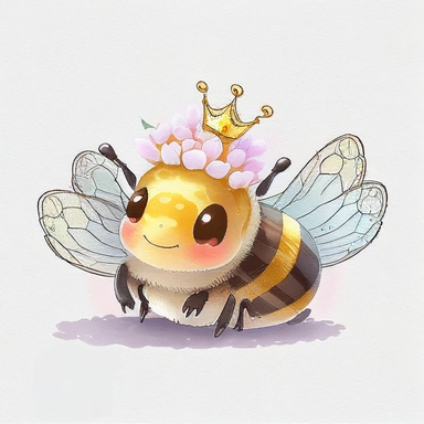 non-distinct white background, clip art, smiling, kawaii, watercolor, photo realistic, Ghibli, anime, queen bee, crown, hive