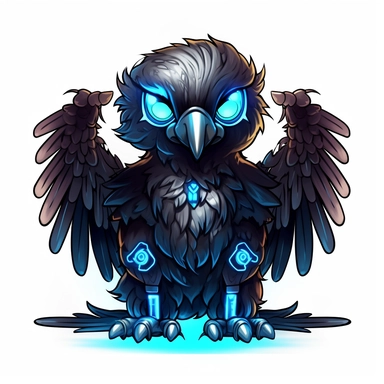 a cute and whimsical glowing eagle with blue lights on his eyes, in the style of bold black outlines, cartoonish character design, master of shadows, burned/charred, himalayan art, dark black and light azure, clipart, on white blackground