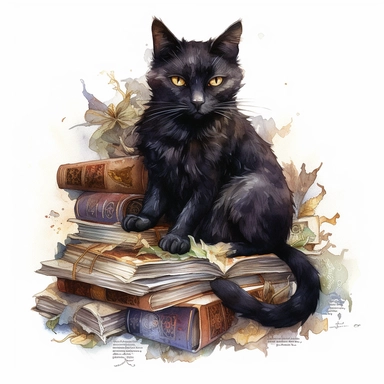 high level watercolor, hyper realistic, white background with margins, 8k, ultra detailed clipart, large, A mysterious black cat with glowing eyes, lounging on a pile of mystical scrolls and parchments, fairy, cool, dark colors