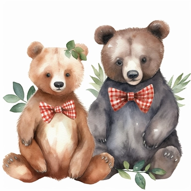 cute baby bears wearing bow ties, clipart, watercolor