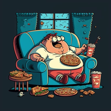 illustration for t-shirt, cartoon, clipart, lazy fat person sitting on a couch, watching TV, eating a pizza, in the style of Ren & Stimpy