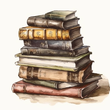 vintage book stack watercolor illustration clipart, detailed, hd, black outline, white background, watercolor, digital art