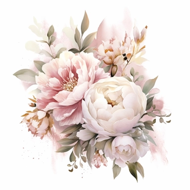 dusty pink and white flowers, peonies, austin roses, big blooms, with muted green whispy foliage with gold flicks, elegant and beautiful floral clipart for wedding invitations, delicate, watercolor, Claude Monet oil painting, defined edge on white background