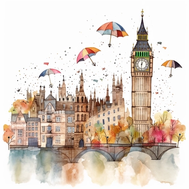 Very very cute and Whimsical quirky houses, London, Big Ben, Thames River, rainy day, Watercolored illustration in the style of Michael Powell, clipart, white background