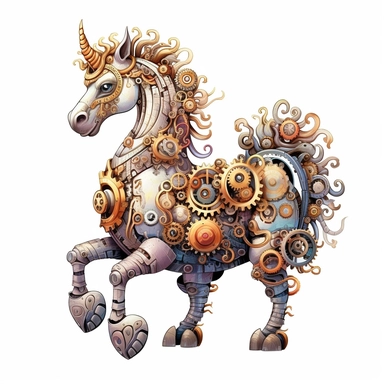 friendly unicorn with cute eyes, standing up, in the style of steampunk, clipart, white background, lots of cogs