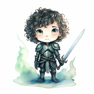 Clipart of a cute little happy warrior. He is brunette and curly hair and with green eyes. The background is watercolour and sparkly. Wearing black and blue. knight outfit. full body