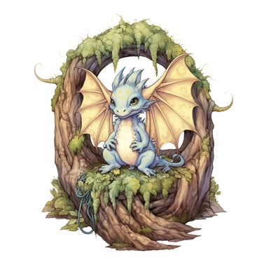 clipart white background: A lovable baby dragon with pale yellow scales, velvety blue wings, and an innocent gaze, sitting on a bed of moss beneath a canopy of ancient trees