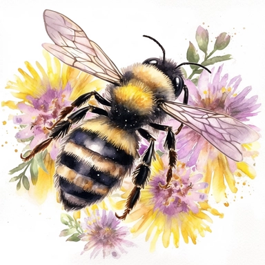 A charming watercolor honey bee clipart capturing the beauty of spring garden bees, delicate honey bee painted in warm tones of yellow and black, fuzzy body and translucent wings are depicted with intricate details, hovers near a cluster of blooming spring flowers, such as daisies, tulips, and lavender, which are painted in vibrant and harmonious colors, soft and dreamy atmosphere, each illustration focuses on the exquisite details of the honey bee, showcasing its unique beauty and importance in