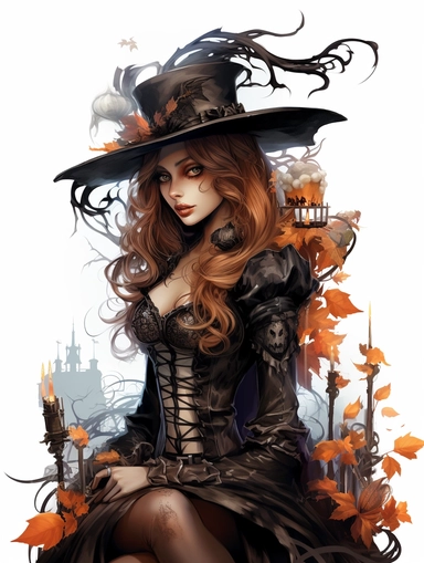 halloween haunted scary gothic steampunk witch by esmaav, magic, in the style of colorful fantasy realism, bold, manga, sticker art, clipart png, photorealistic, watercolor, digital painting, WHITE BACKGROUND, fantasy style, realistic, painting, 8k, ultra details,