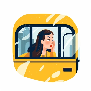 flat vector clip art on a white background of a lady looking out of a yellow school bus window