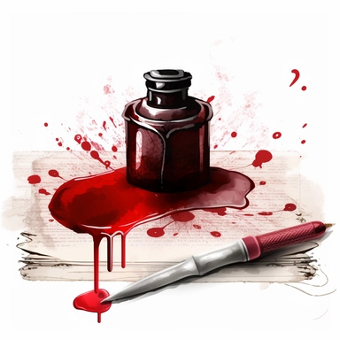 clipart of an inkwell full of red ink that has spattered on blank parchment paper. An antique fountain pen is laying on its side.