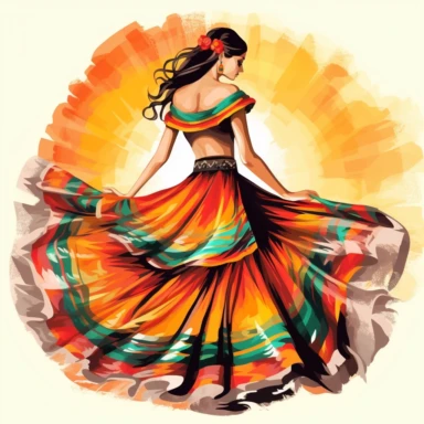 mexican female dancer with a beautiful dress, facing back, traditional colors, clipart, digitally generated image, mexican culture, vector