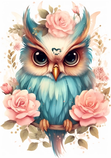 Cute Owl with gold rose clipart, in the style of pink and aquamarine, feminine portraiture, sparklecore, chinese painting, floral explosions, flickr, whimsical cartoon-style