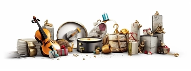 christmas cd with several different gifts on white background with clip art, in the style of igor morski, miniature sculptures, animated gifs, emotive body language, kitchen still life, 1970–present, giotto