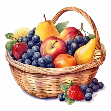 vintage basket full of summer fruit, watercolor, clip art, white background