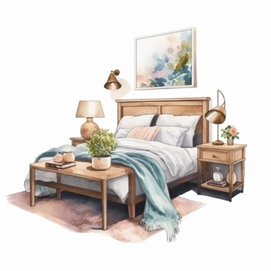 A stylish bedroom set-up with a platform bed, a nightstand, a pendant light, a framed artwork, a vase of flowers, a decorative tray, a rug, and a duvet cover - watercolor illustration with photorealistic high details clipart, white background