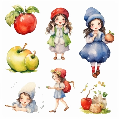 Watercolor snow white , illustrations clipart set, simple , cartoon elements, fairy tale theme and elements, different characters, the witch with the apple, different variants , , separate elements with a margin