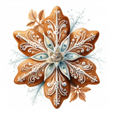 A isolated watercolor clipart, Christmas hand made gingerbread, snowflakes,white background, Art Nouveau, highly detailed,