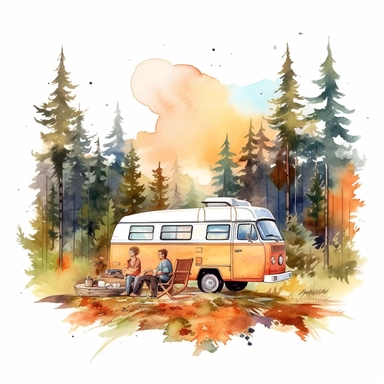 A cozy vanlife clipart featuring a vintage camper van parked in a picturesque mountain meadow, surrounded by tall pine trees and colorful wildflowers, sunlight filtering through the branches, a couple sitting by a campfire, enjoying a cup of hot coffee, Illustration, watercolor on papern contrasting plain background for clear background separation