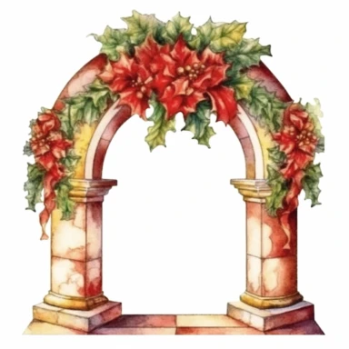 watercolor clipart of Christmas mantle, vintage red green gold colors, isolated on white background