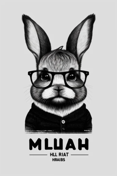 minimalistic pixar style clipart, minimalistic nordic style clipart, anthro hipster rabbit with mustache, minimalistic black and white color palette,