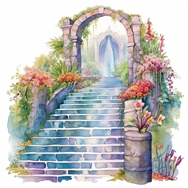 clipart, watercolor stair leading toward a waterfall, in the style of intricate, delicate flower and garden paintings, stone, rough clusters, small brushstrokes, arched doorways, colorful gardens, white background