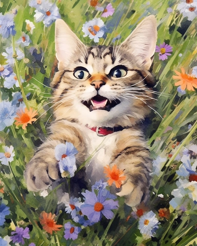 a distant view smiling with big eyes kitten sprawling lying down with belly up in a field full of wildflowers and grass, looking up at the sky top view, drone shot, high quality, ultra detail, 8k, megapixel high sharpness watercolor painting by impressionist artists with a delicate touch with white background for clipart 8k ultra detail high sharpness ultra detail