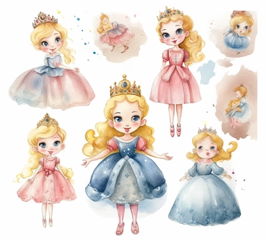 cute adorable little princess World character watercolor clipart, full body, disney, pixar