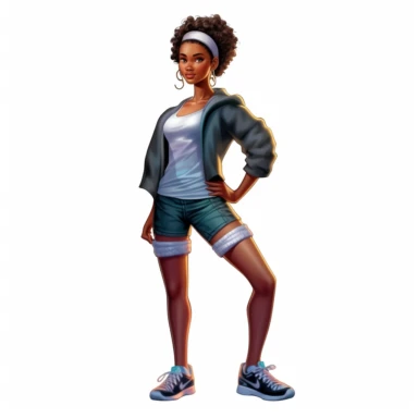 beautiful black teenage girl with beautiful flowing short hair, dressed in fitness attire. Full perspective and, long shot A young black woman with full lips and a big beautiful smile, dressed in a jogger, has short flowing hair and beautiful shapely legs, wearing sneakers, clipart in the style of digital airbrushing, feminine sticker art, dollcore, realistic face, realistic body, glamorous,