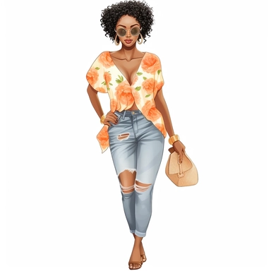 Summer Fashion Girl Clipart, Black Girl Clipart, Black Woman Clipart, Fashion Planner Clipart, African American Beach Fashion Clipart, white background, pixie cut hair, denim jeans and peach blouse