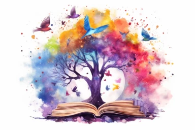 An old fantasy book clipart on a white isolated background, immersing you in a watercolor dreamscape filled with enchantment. Under the dark night sky, the moon and stars emit a soft, ethereal glow. Colorful birds gracefully navigate the air, their vibrant plumage mirroring the palette of a radiant rainbow. The scene, painted with emotive watercolors, invites you to embrace the magic of nature's wonders.