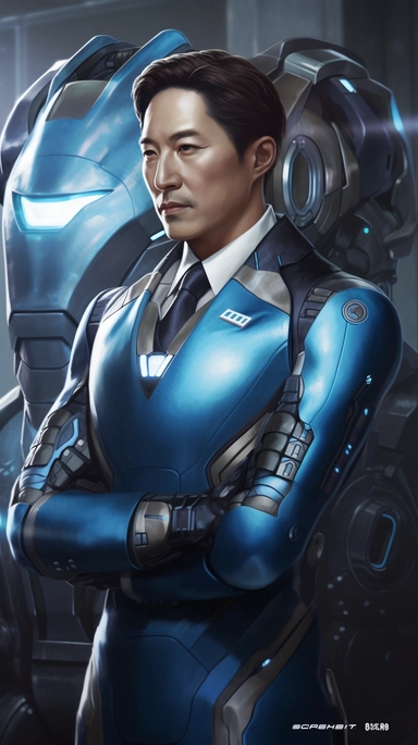 An Iron Man suit by Samsung's owner Lee Jae-yong, armed with proton cannons and sidewinder missiles, featuring the Samsung logo, set against the backdrop of the impressive Samsung headquarters, the suit gleaming in an eye-catching blue, atmosphere filled with futuristic awe and corporate power, Concept Art, digitally sketched and painted in Clip Studio Paint with a cool and electric color palette,