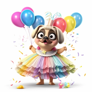 cute anthropomorphic pug dog girl dressed in a cenderella dress celebrating birthday, many streamers and balloons behind her, unreal engine, octane render, in style of tom mcgrath, white background, clip art,