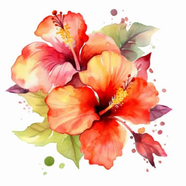 Watercolor Tropical Hibiscus Clipart by Thomas W. Schallerof: A vibrant and exotic design featuring tropical hibiscus flowers in shades of pink, orange, and red on a white background. The flowers are different-size and bold, while the leaves are thick and tropical, creating a lively and festive composition