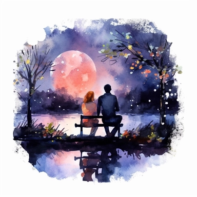 Watercolor, A couple by the river in bloom, night,clipart on black background